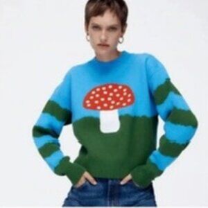 ZARA Mushroom Toadstool Blue Green Striped Check Quirky Indie Sweater Medium
